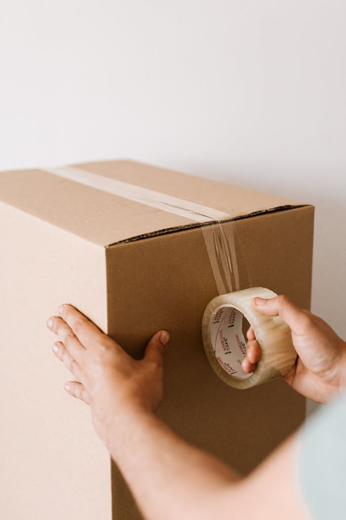 Services Crop anonymous male using tape to seal packed cardboard box against white wall while moving into new place