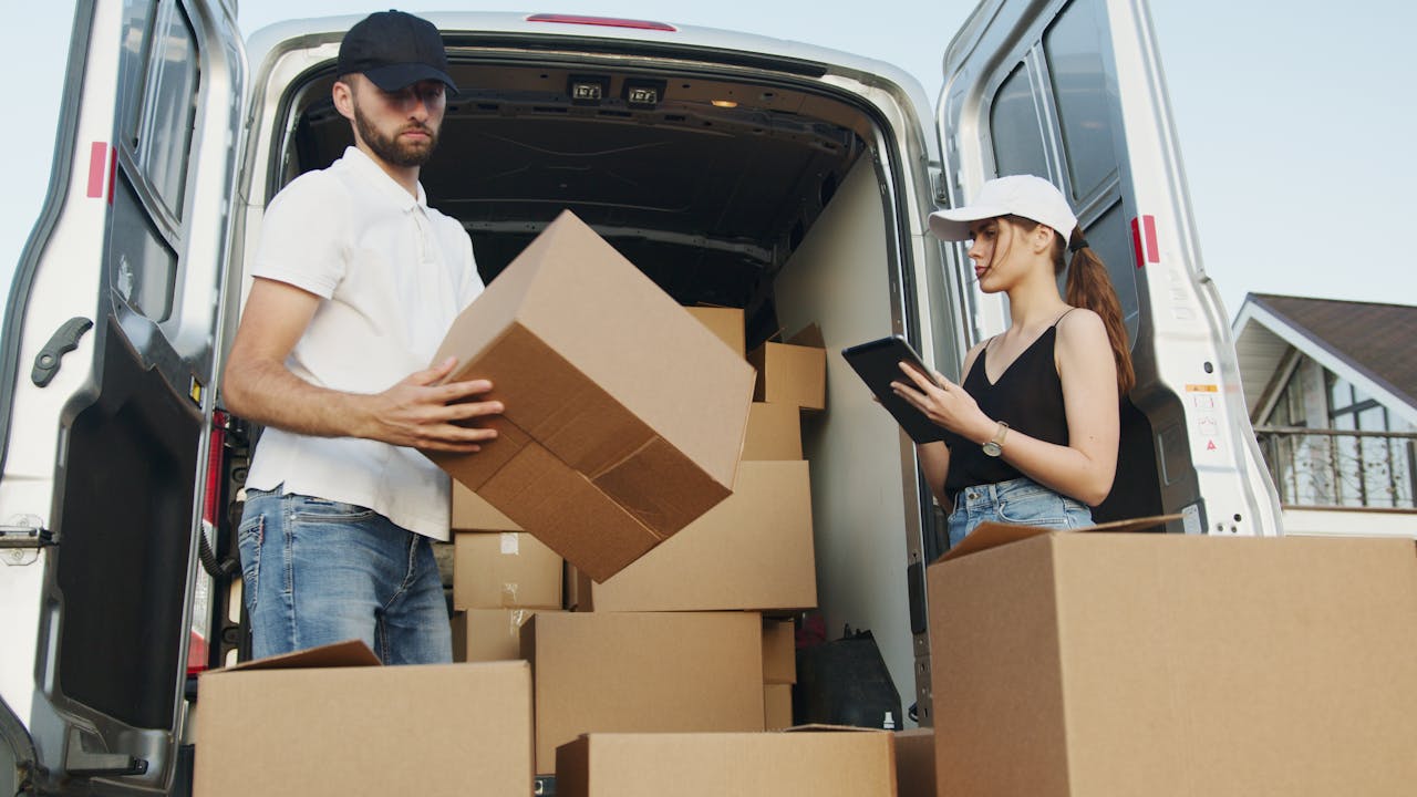 Home Two delivery workers handling cardboard boxes by a van, checking orders on tablet.