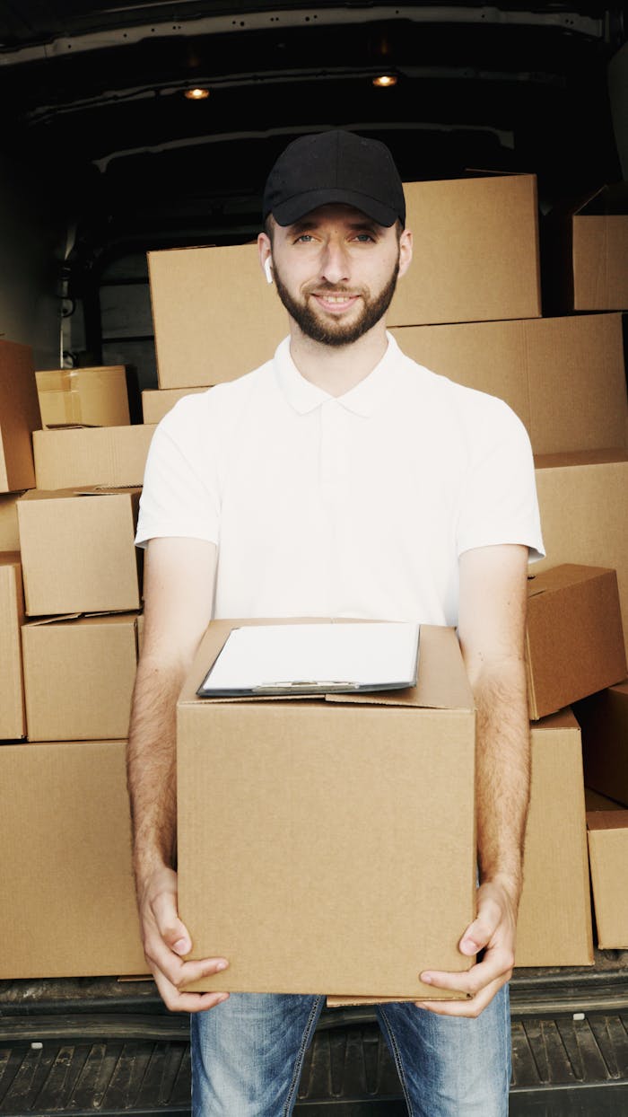 Services A deliveryman in a cap holding a box standing in front of a truck loaded with cartons.
